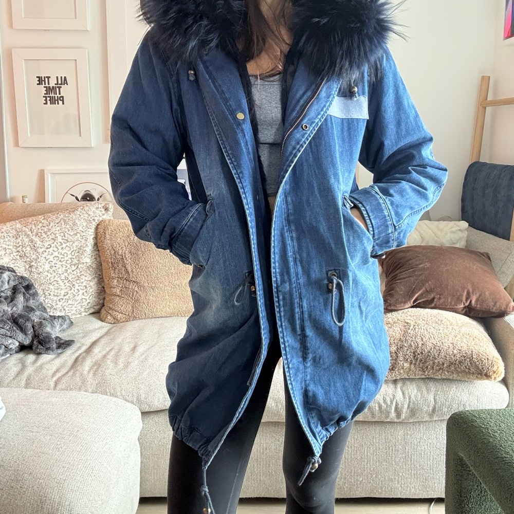 Super Warm Genuine Fur Lined Denim Parka with Hood